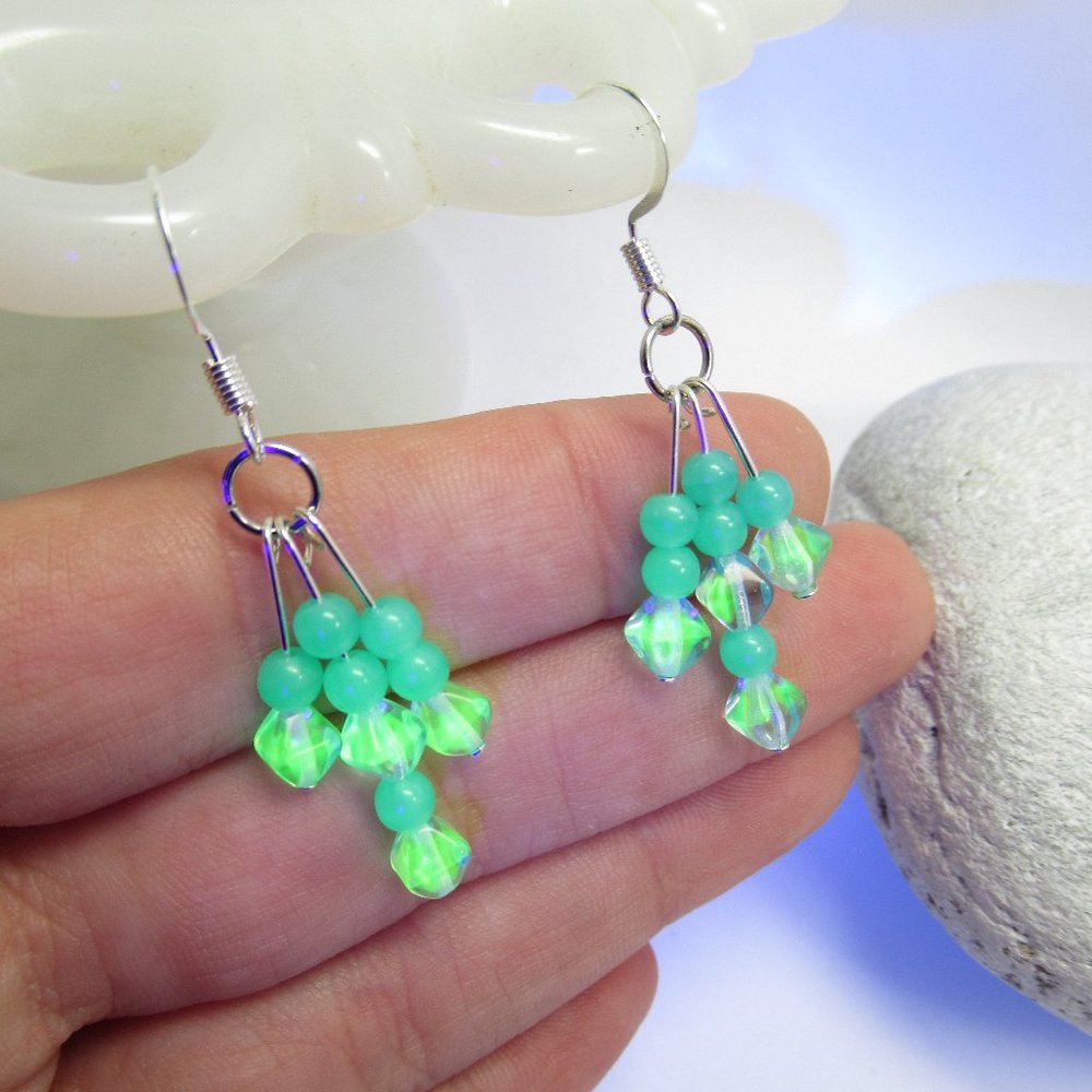 Triple Fringe Czech Uranium glass bead earrings